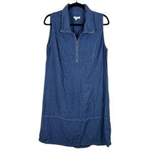 Dolcezza Lagenlook Linen Sleeveless 1/4 Zip Knee Length Dress Large Blue Beachy